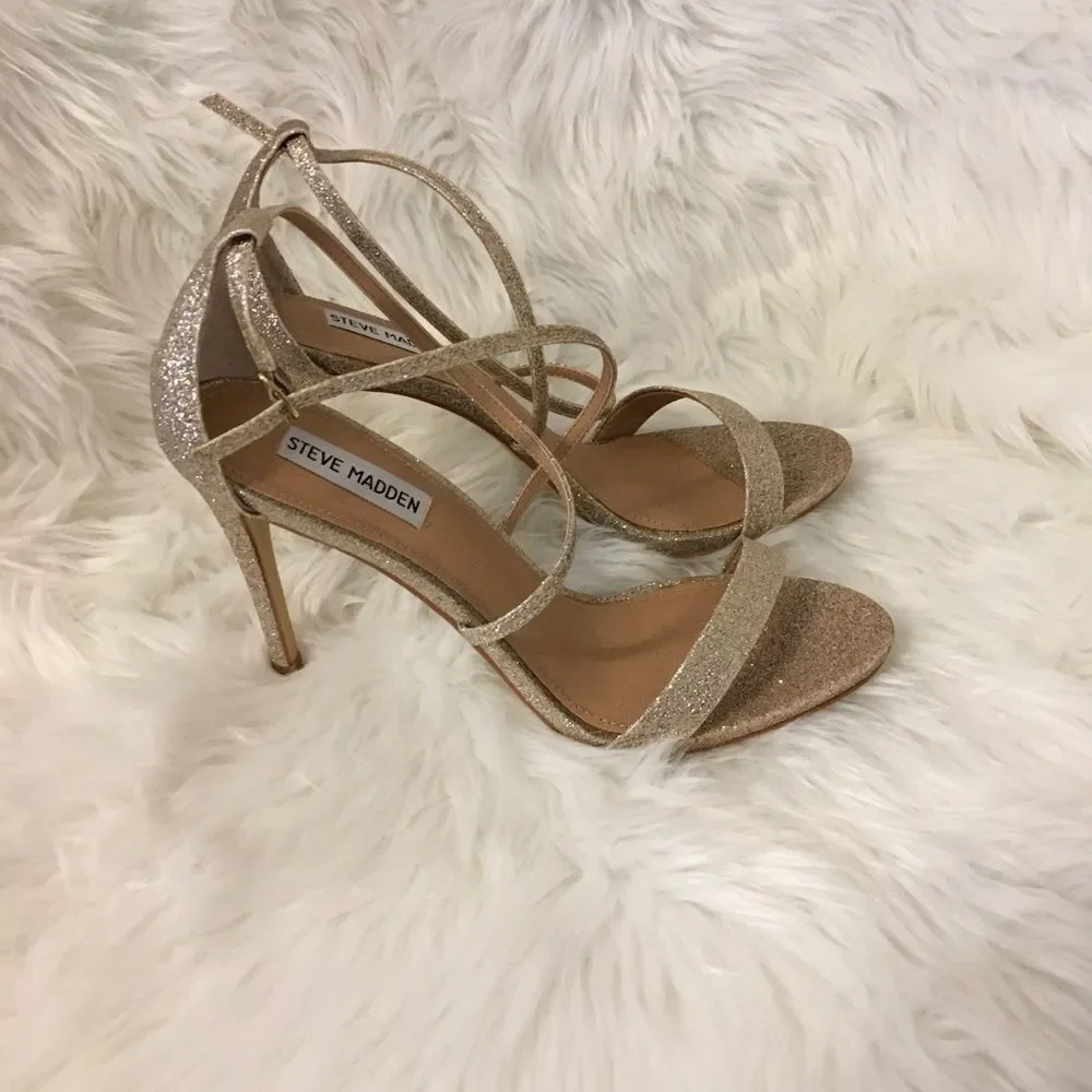 Steve Madden Women's Gold Glitter Feliz Strappy Open Toe Heeled SandalsSize 9.5M